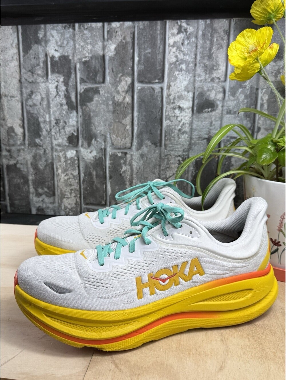 HOKA Bondi 9 Men’s Size 12 – White Yellow Orange Running Shoes